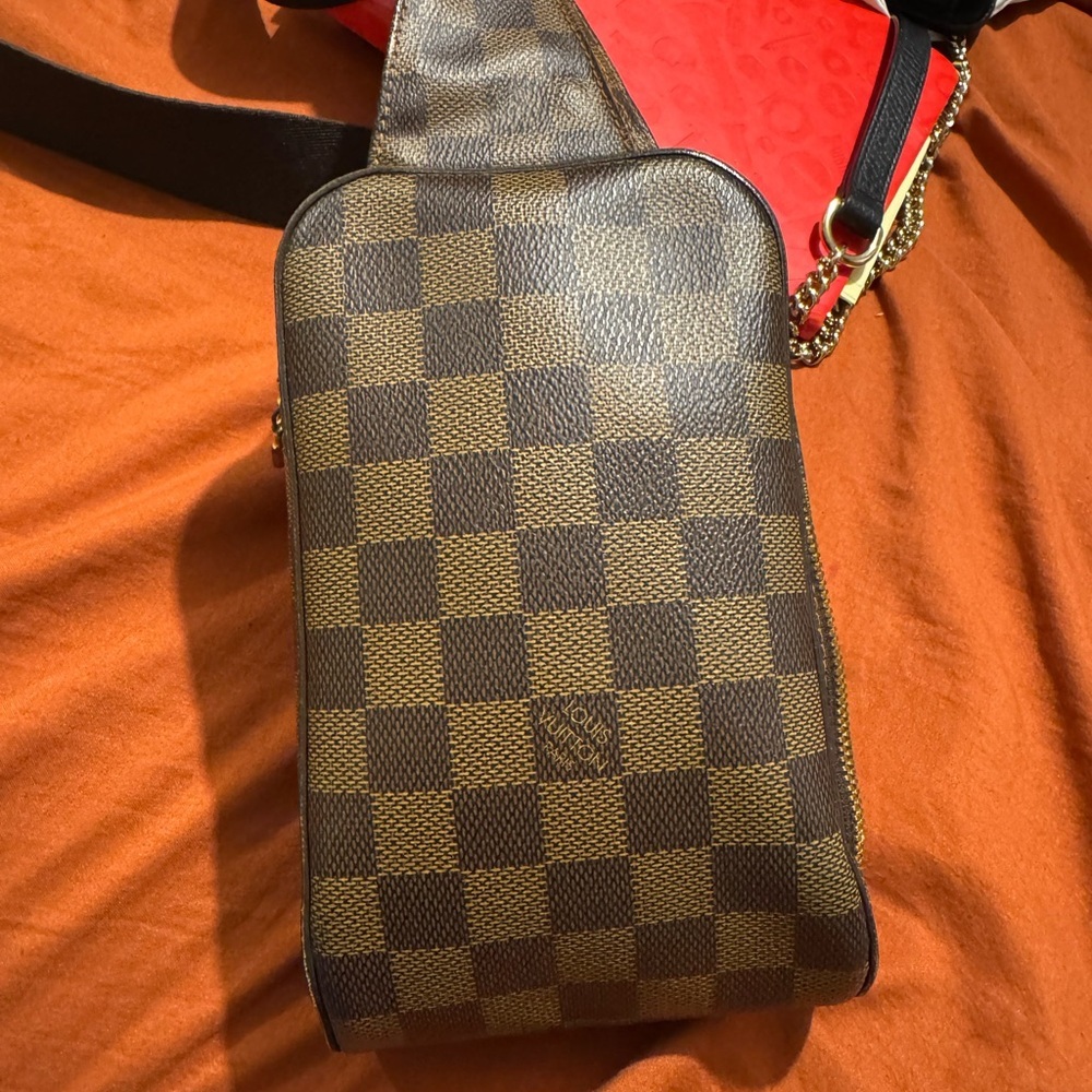 LV Geronimo. Brown Checkered Belt Bag with Metal Chain